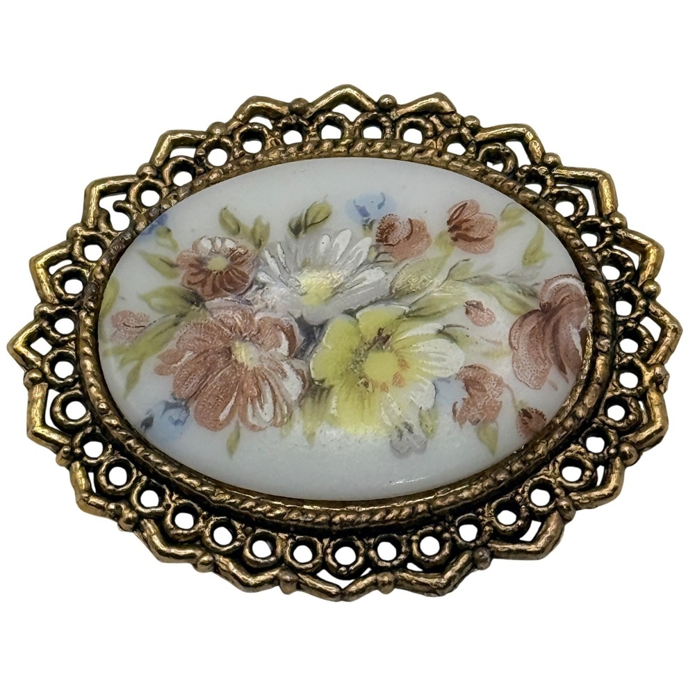 Vintage Hand Painted Porcelain Floral Brooch Gold Tone Filigree Oval Pin Estate